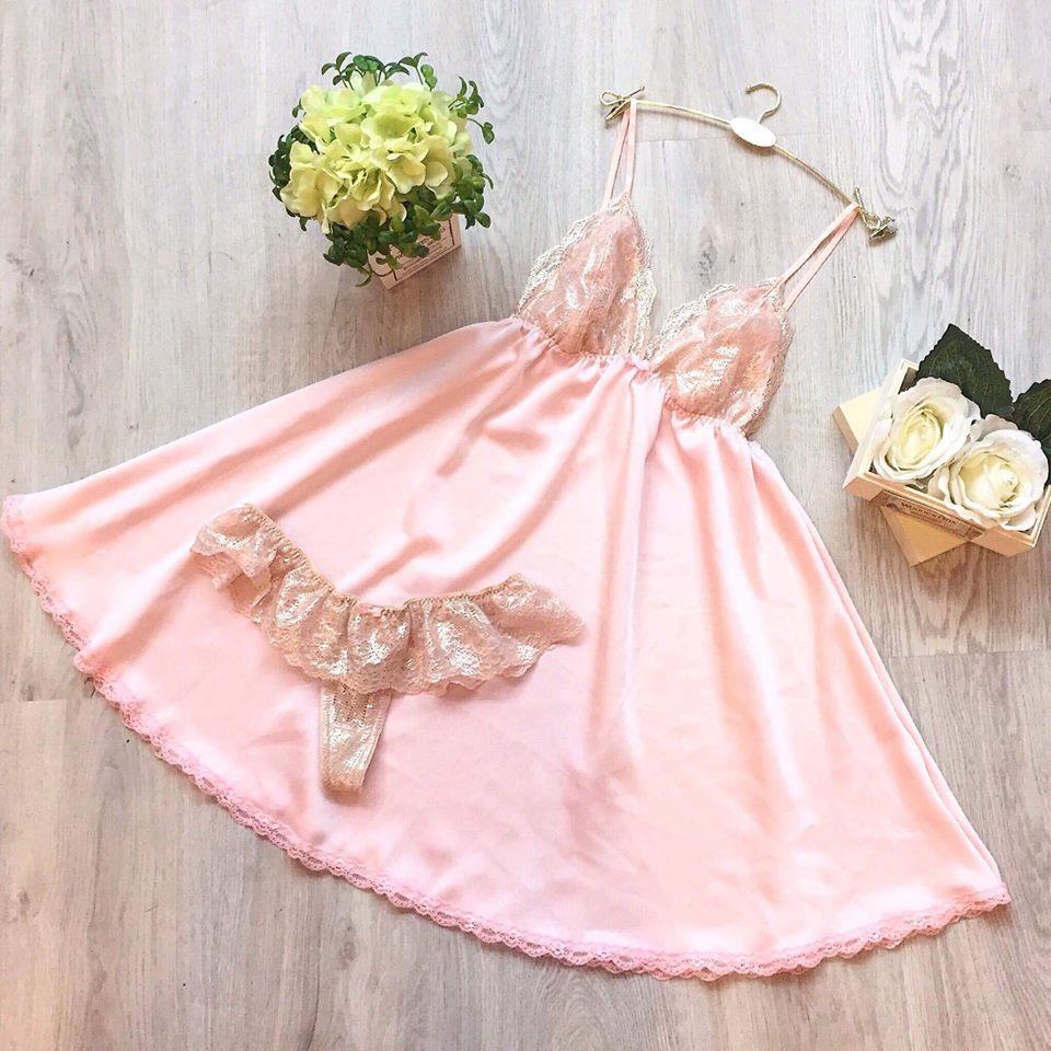 Váy ngủ lụa sexy phối ren hồng hở mông cao cấp VN355 - Hana Lady