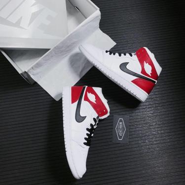 Giày Nike Jordan 1 Mid White/Red/Black Logo Cust **