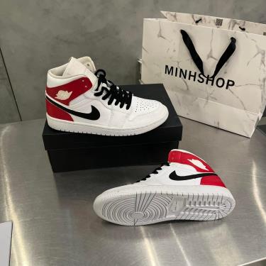 BIGSALE 💦 Giày Nike Jordan 1 Mid White/Red/Black Logo Cust ** ÁP DỤNG CHUYỂN KHOẢN